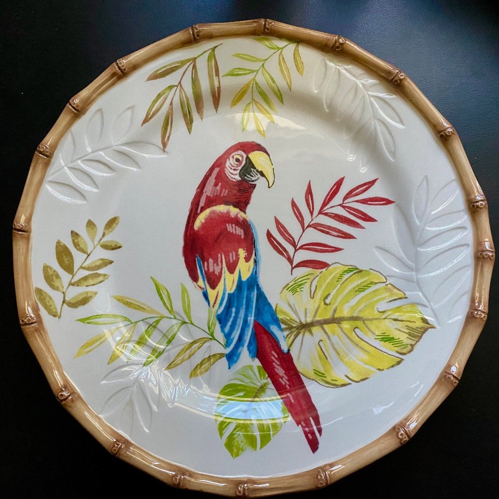 NWOB 4 Pier 1 Hand Painted Earthenware Parrot Bird Tropical Leaves Salad…